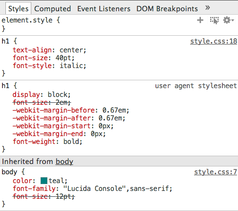 screenshot of user-defined styles for h1