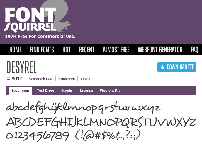 screenshot from Font Squirrel site