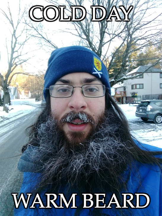Picture of a man wearing a warm hat and coat on a cold winter day with frost on his (pretty wild) beard and moustache.
