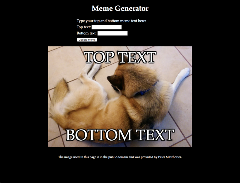 Meme generator page with blank input boxes and a picture of a dog that has 'TOP TEXT' and 'BOTTOM TEXT' written on it at the top and bottom.